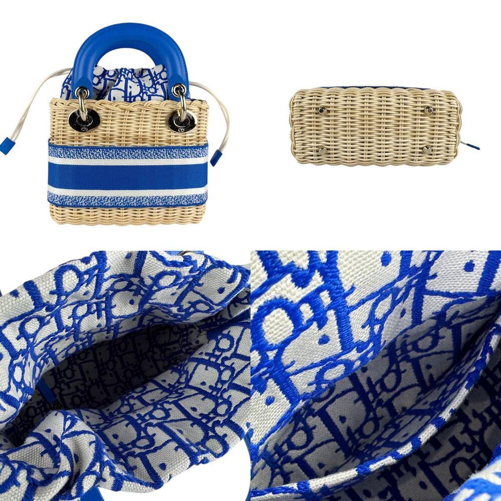 Christian Dior Lady Wicker 2way Shoulder Bag Canvas Leather Blue x - Picture 3 of 5